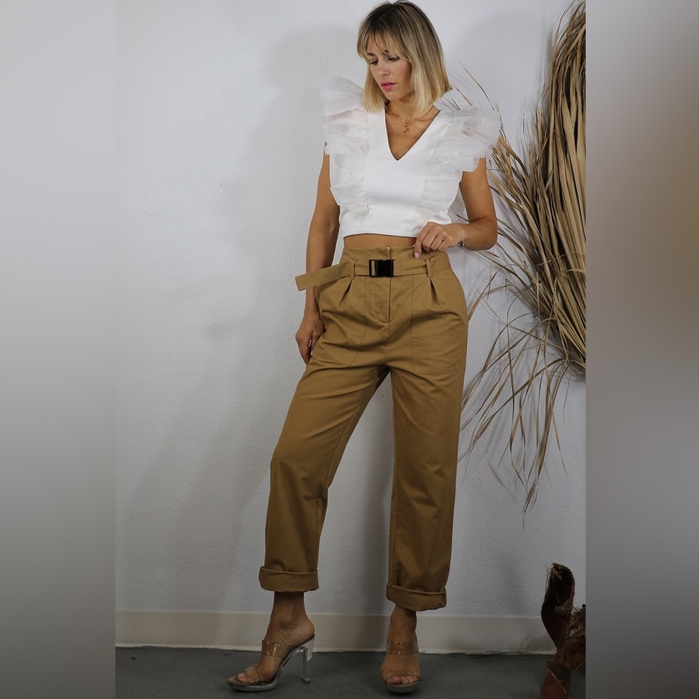 High-Rise Belted Wide-Leg Pants in Tan